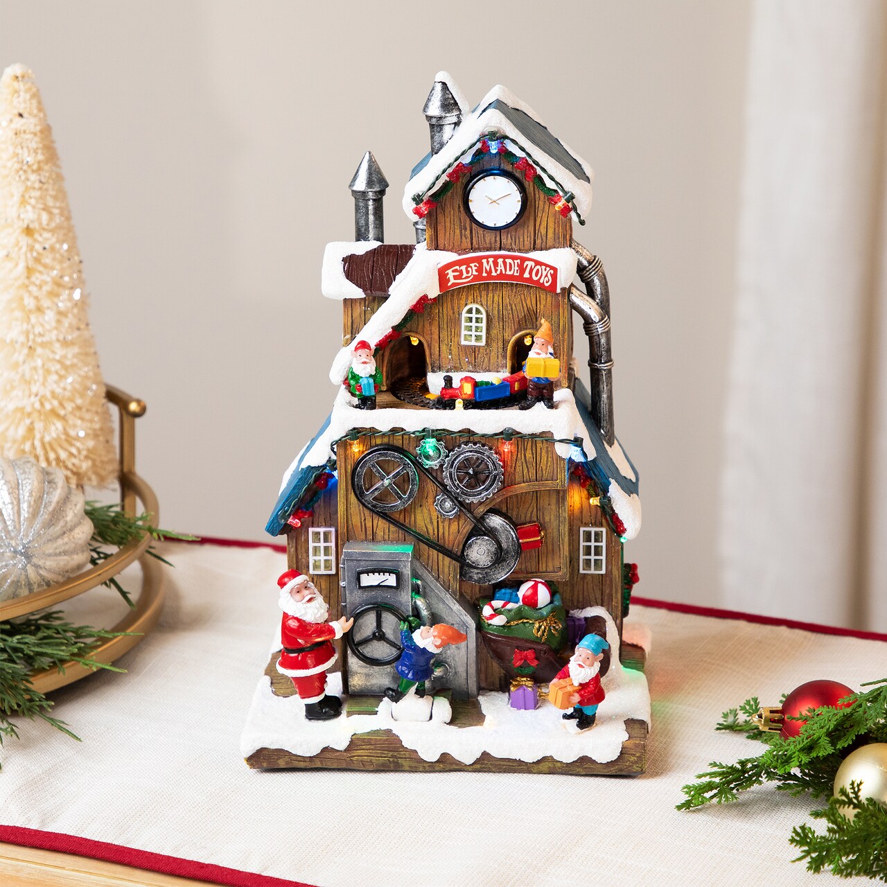 Northlight LED Lighted and Musical Christmas Village Elf Made Toys Shop - 11.5"